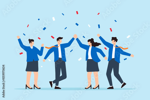 Flat illustration of successful businessman and businesswoman high five with celebrating team victory partnership and confetti teamwork success together staff or community company worker