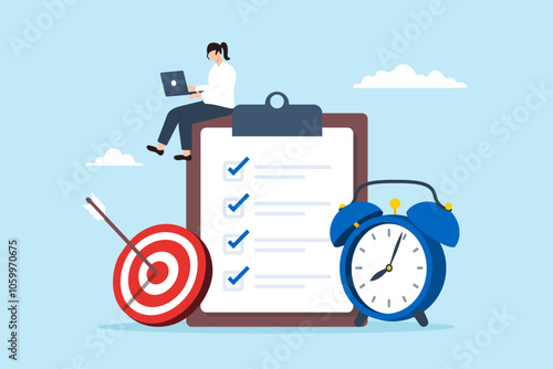 Flat illustration of productive businesswoman work on laptop with clipboard checklist alarm clock and bullseye target focusing project or time management