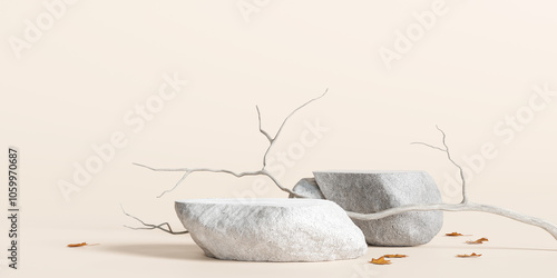 Stone podium product display. Falling dry leaves on brown background. 3d rendering