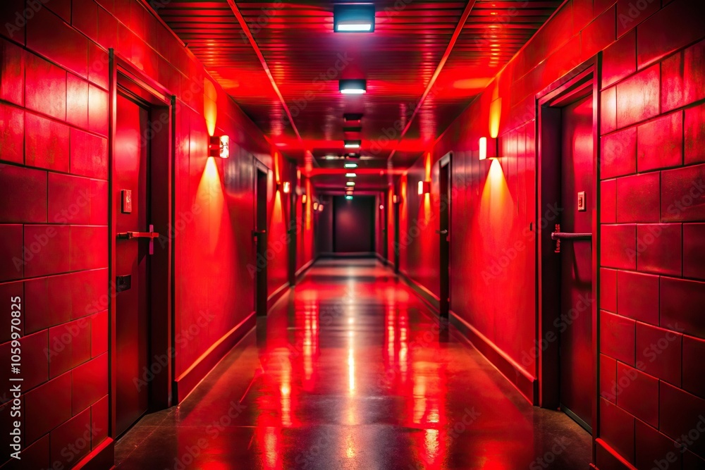 Fototapeta premium Mysterious dimly lit hallway with red light from a low angle
