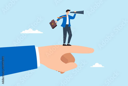 Flat illustration of giant pointing finger help businessman look telescope foreseeing business direction success vision economic forecast future strategy objective career path