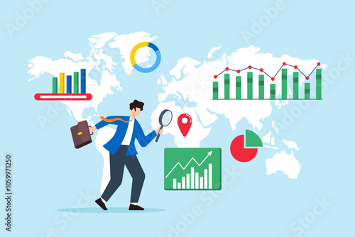 Flat illustration of businessman use magnifying glass analyze global business opportunity and risk with graph chart on world map analysis international economic searching foreign career