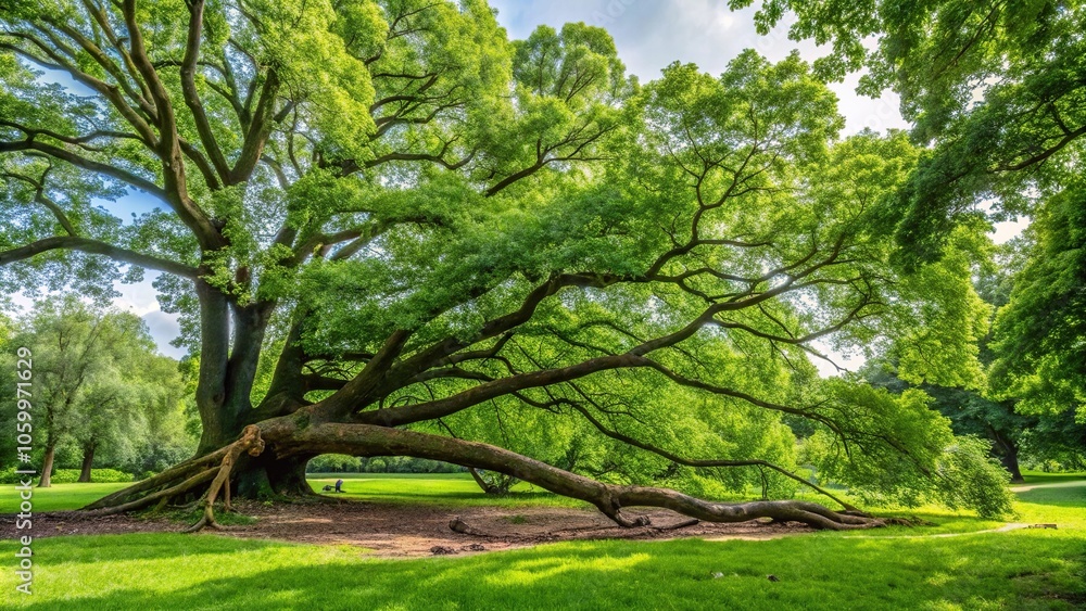 Obraz premium photo of a large green leafed tree with a cracked broken limb resting on the ground