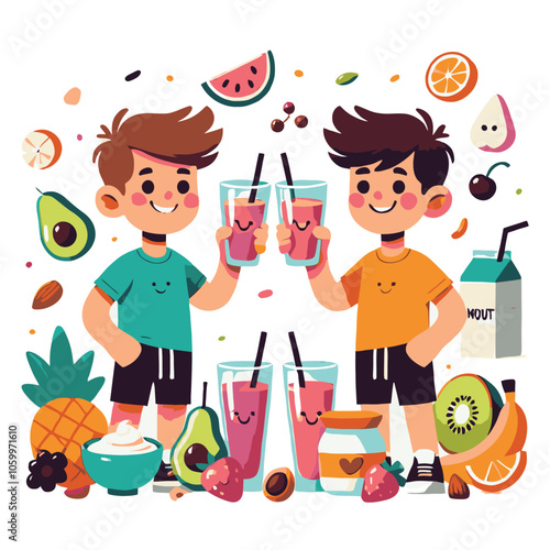 illustration of two boys drinking juice and healthy food