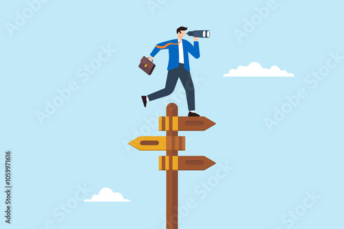 Flat illustration of businessman stand on direction sign look on binocular to discover solution find business opportunity see future career make decision success way vision path