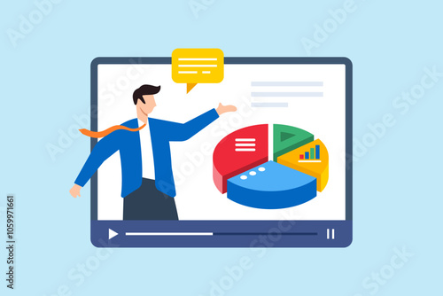 Flat illustration of businessman expert explain pie chart on video media player and online tutorial training course business strategy education clip