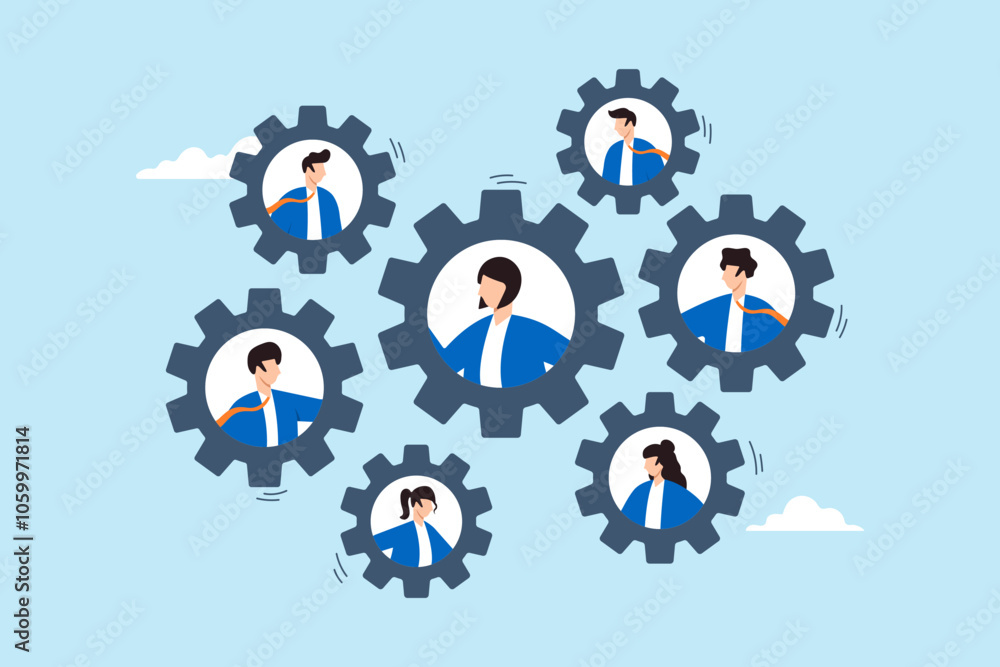 Fototapeta premium Flat illustration of business people on rotate connected cogwheel gear teamwork job role skill driving company success collaboration organization team
