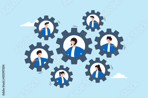 Flat illustration of business people on rotate connected cogwheel gear teamwork job role skill driving company success collaboration organization team