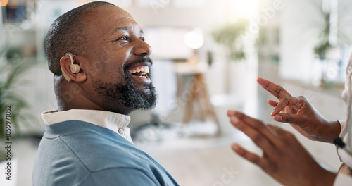 Cuadro en lienzo Black man, happy and hearing aid with gratitude, medical support and care with implant for sound and audio