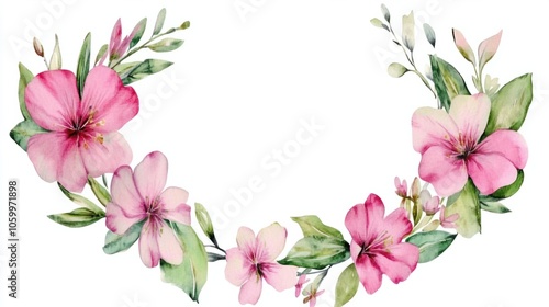 Delicate watercolor flower wreath in shades of pink and green, perfect for spring, isolated on transparent background