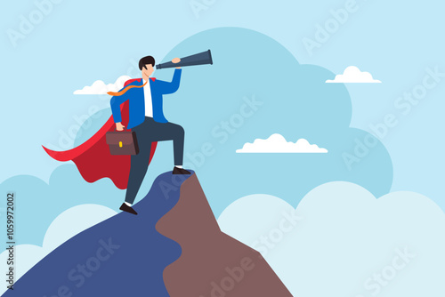 Flat illustration of superhero businessman in cloak look on telescope from mountain peak searching new career goal discovery opportunity business vision to see success journey future job