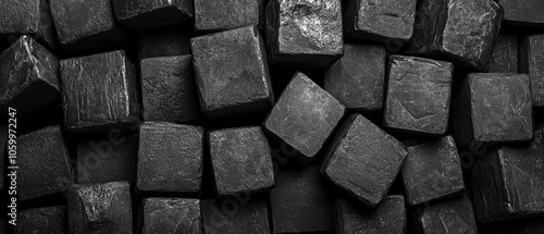 A close up of a texture of black square stones stacked together.