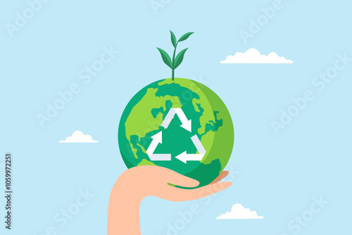 Flat illustration of hand hold green earth globe with recycle symbol sustainability renewable energy effort save world climate change global warming environmental safe
