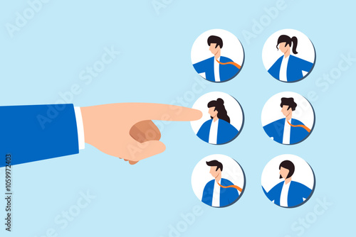 Flat illustration of giant finger pointing at chosen candidate employee recruitment job hiring new position choose hr human resources interview talent headhunter