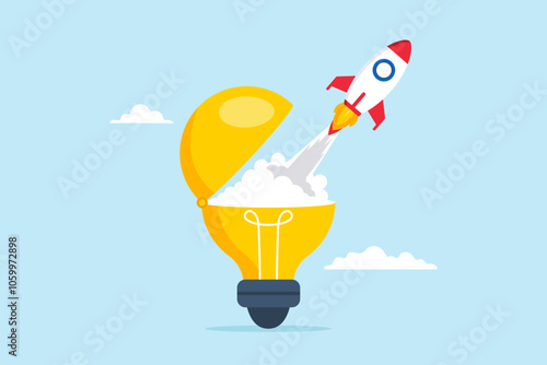 Flat illustration of rocket launch from opening lightbulb breakthrough new idea entrepreneurship success innovation startup creativity begin business photo