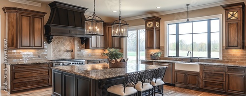 A traditional kitchen with rich, dark wood cabinetry, granite countertops, and a large kitchen island with seating.