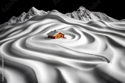 Simple depiction of a snow-covered cabin with only faint outlines visible through swirling snow, capturing the quiet isolation of winter storms, symbolizing calm and mystery photo