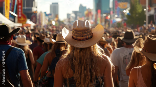 A bustling street scene during the Calgary Stampede, with people in cowboy hats, horses, and rodeo events.