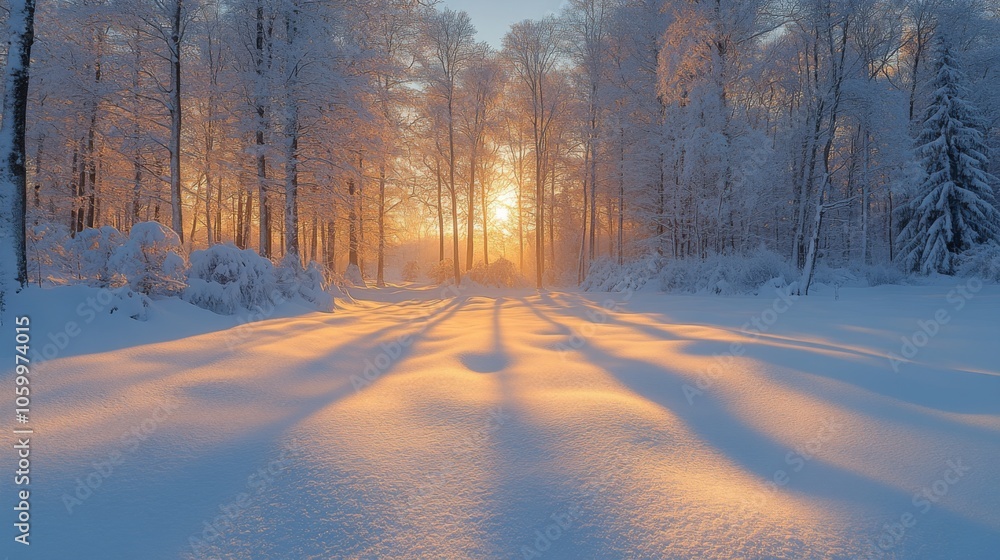 Obraz premium A serene winter landscape showcases a forest at dawn, where sunlight breaks through the trees, casting long shadows on the pristine snow.