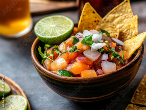 A close-up of a bowl of ceviche served with fresh lime and tortilla chips, a popular Costa Rican snack. photo