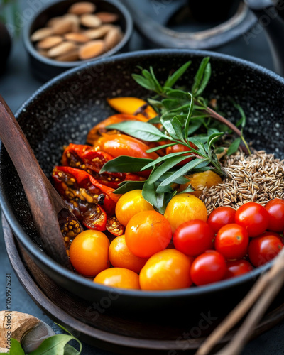 A close-up of a bush tucker meal, featuring native Australian ingredients like bush tomatoes and wattle seeds.