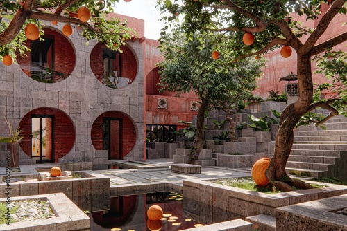 A courtyard with a tree and a fountain photo