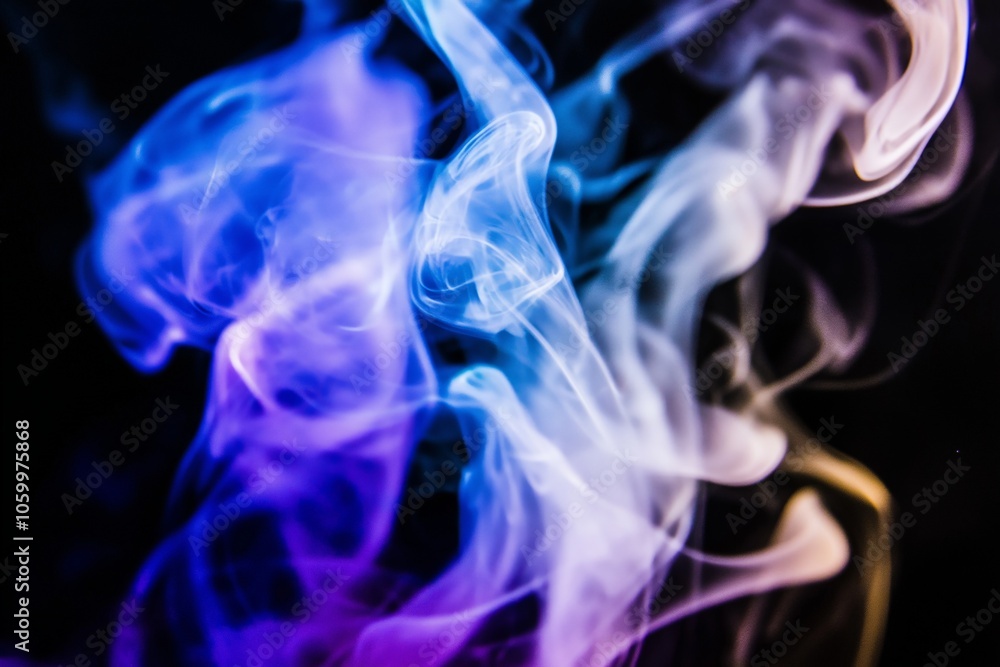 A close-up of swirling smoke in vibrant shades of purple, blue, and white, creating a mesmerizing, ethereal effect against a dark background A close-up of swirling smoke in vibrant shades of purple, blue, and white, creating a mesmerizing, ethereal effect against a dark background