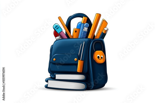 a 2D cartoon illustration of a school bag packed with supplies organized and neat white background