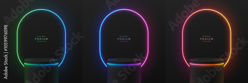Set of black 3d cylindrical podium background with glowing ring neon in green, blue, orange wall scene. Abstract minimal mockup, Product display presentation, Stage showcase. Platforms vector design.