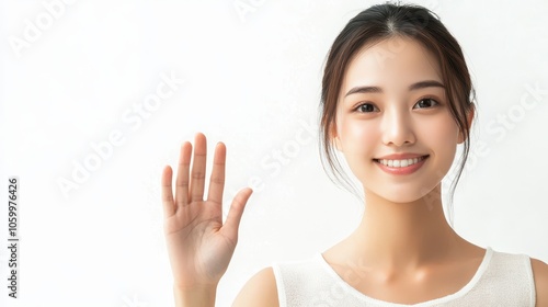 Pretty Asian woman with a gentle hand wave, pure white background, smiling warmly, positive and open expression photo