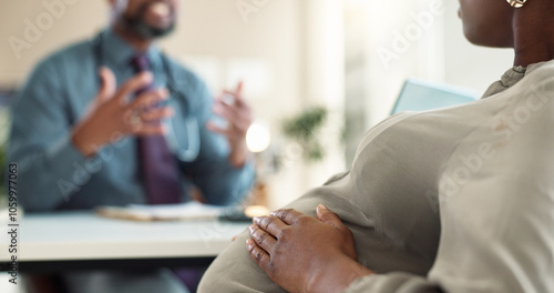 Pregnant, checkup and woman with stomach, clinic and smile for family planning, doctor and healthcare. Medical appointment, communication and monitor for signs of preeclampsia and gynecologist photo