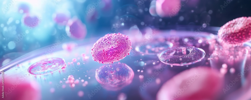 Microscopic view of colorful cells in a vibrant scientific environment ...