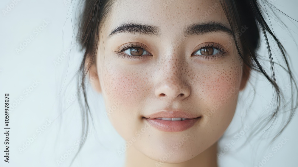 Fototapeta premium Asian woman with round glasses, playful smile, neutral makeup, white background, casual and youthful feel
