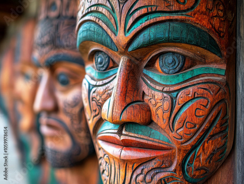 A close-up of a Maori wood carving at Te Puia, showcasing detailed craftsmanship and cultural heritage. photo