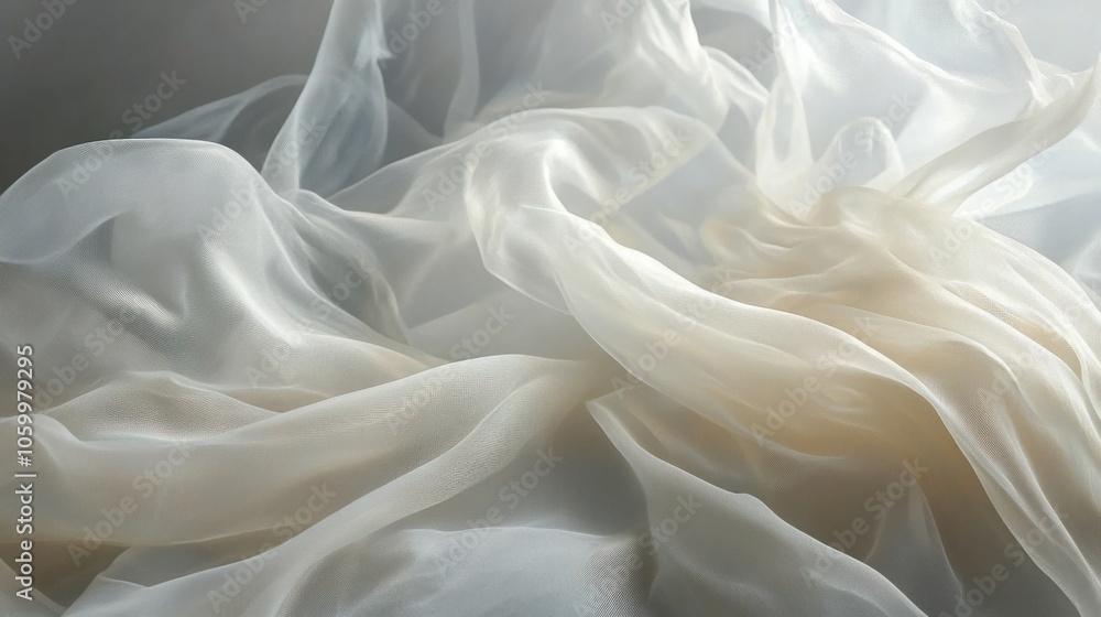 Fototapeta premium Layers of lightweight organza in soft whites, draped with delicate, transparent layers, on transparent background