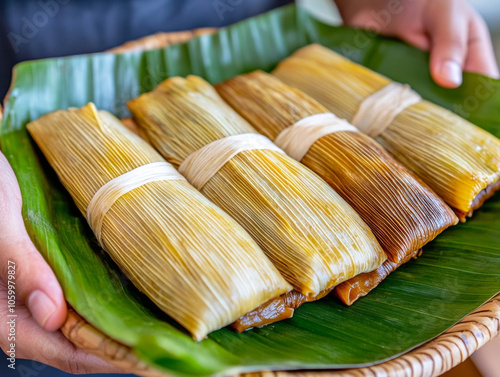 A close-up of a plate of Costa Rican tamales, wrapped in banana leaves and ready to be served. photo