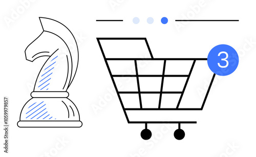 Chess knight piece standing next to a shopping cart with three-item notification alert. Ideal for illustrating e-commerce strategies, online retail, shopping habits, digital marketing, sales tactics