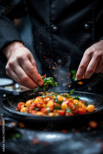 Chef garnishing a colorful vegetable dish with fresh herbs, capturing a professional and culinary atmosphere