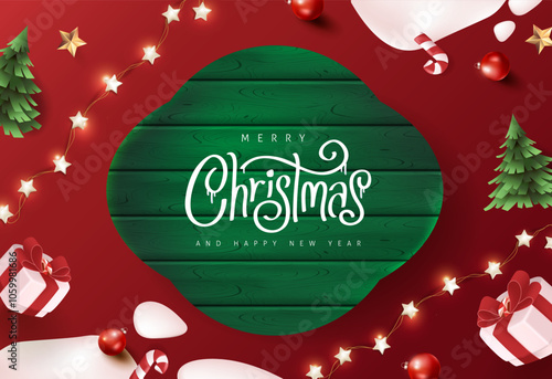 Merry Christmas sign banner frame with festive decoration on red background