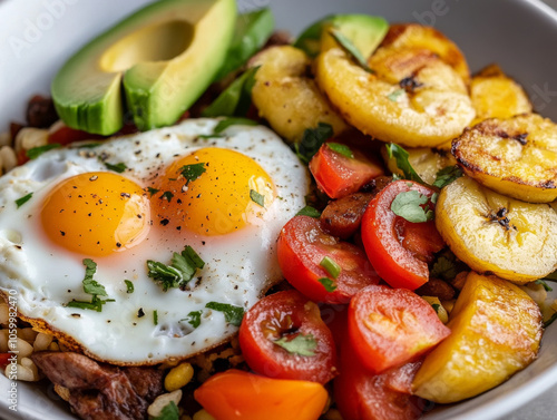 A close-up of a traditional Costa Rican dish, Gallo Pinto, served with plantains, eggs, and avocado. photo