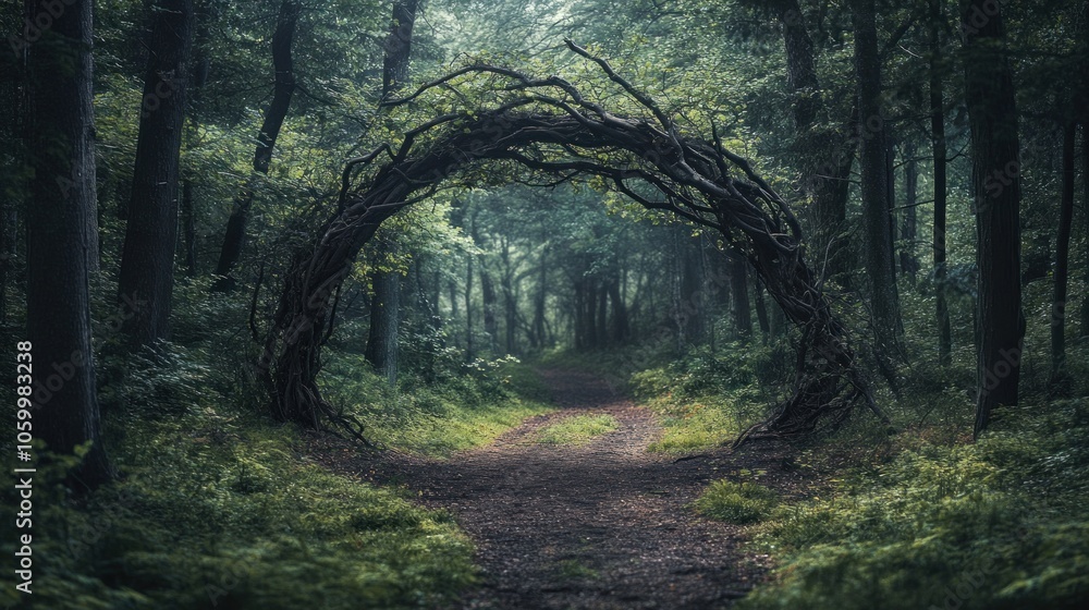 Fototapeta premium Natural archway formed by intertwining branches in forest, magical enchanting touch to scene. Forest branch archway. Nature