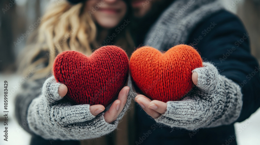Fototapeta premium Couple holding heart-shaped objects symbolizing love.