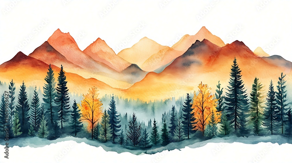 Obraz premium Whimsical Watercolor Mountain Landscape with Forests