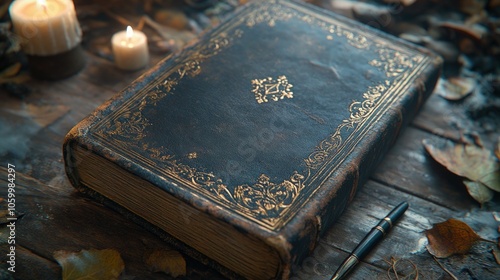 antique Bible with a beautifully embossed leather cover. The focus can be on the intricate designs and worn edges of the book placed on a wooden table copy space