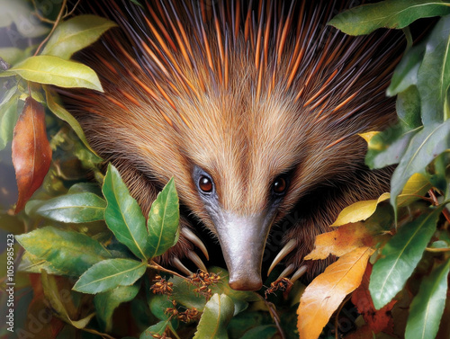 A close-up of an echidna waddling through the bush, foraging for ants and termites among the leaves. photo