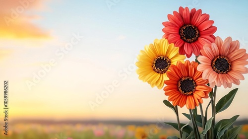 Scenic field of sun-kissed wildflowers with golden light filtering through petals, emphasizing the vibrant colors and textures of spring s early blooms photo