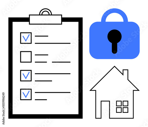 A black clipboard with a checklist and blue checkmarks, a blue padlock, and a minimalist house outline. Ideal for security, organization, home safety, property management, and task planning. Modern