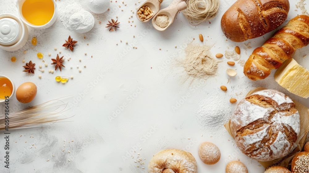 Obraz premium Top view of bakery ingredients with copy space.