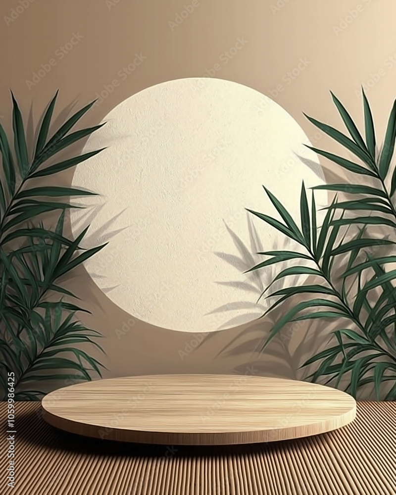 A minimalist podium for product presentation,
with a large white circle in the background, featuring green leaves, flat art style, A minimalist podium for product presentation,
with a large white circle in the background, featuring green leaves, flat art style,