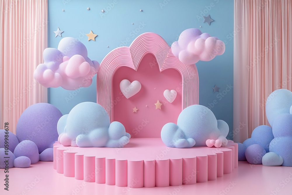 A whimsical, pastel pink product display stand designed for kids' and girls' product presentations,features soft, heart-shaped cutouts along the edges, with delicate cloud decorations floating above. A whimsical, pastel pink product display stand designed for kids' and girls' product presentations,features soft, heart-shaped cutouts along the edges, with delicate cloud decorations floating above.